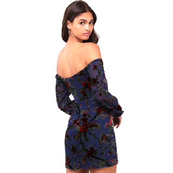 Lulus Magnificent Charm Navy Floral Burnout Velvet Off-the-Shoulder Dress Siz XL - Picture 11 of 12
